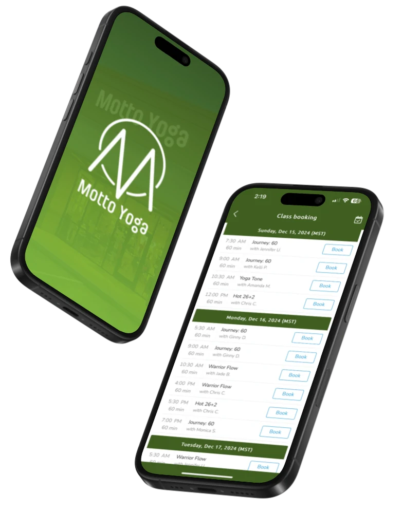 Motto Yoga booking app on two iPhones — the app home screen and the class booking schedule